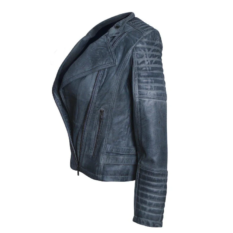 Stylish Grey Leather Jacket for Women with Long Sleeves - Women Leather Jacket