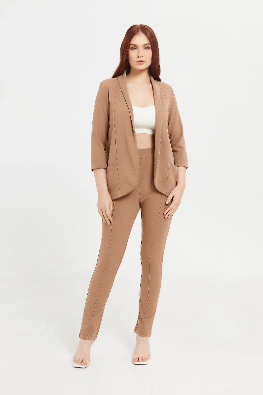 Women Taupe Rolled Sleeve Blazer