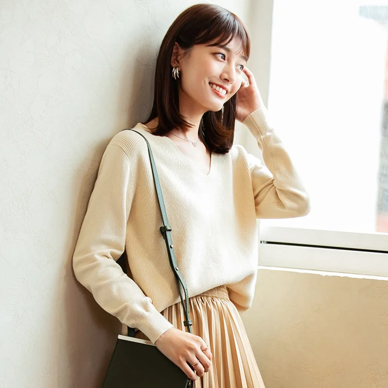 V-Neck Knit Sweater Top Women Solid Color Bottoming Shirt Women