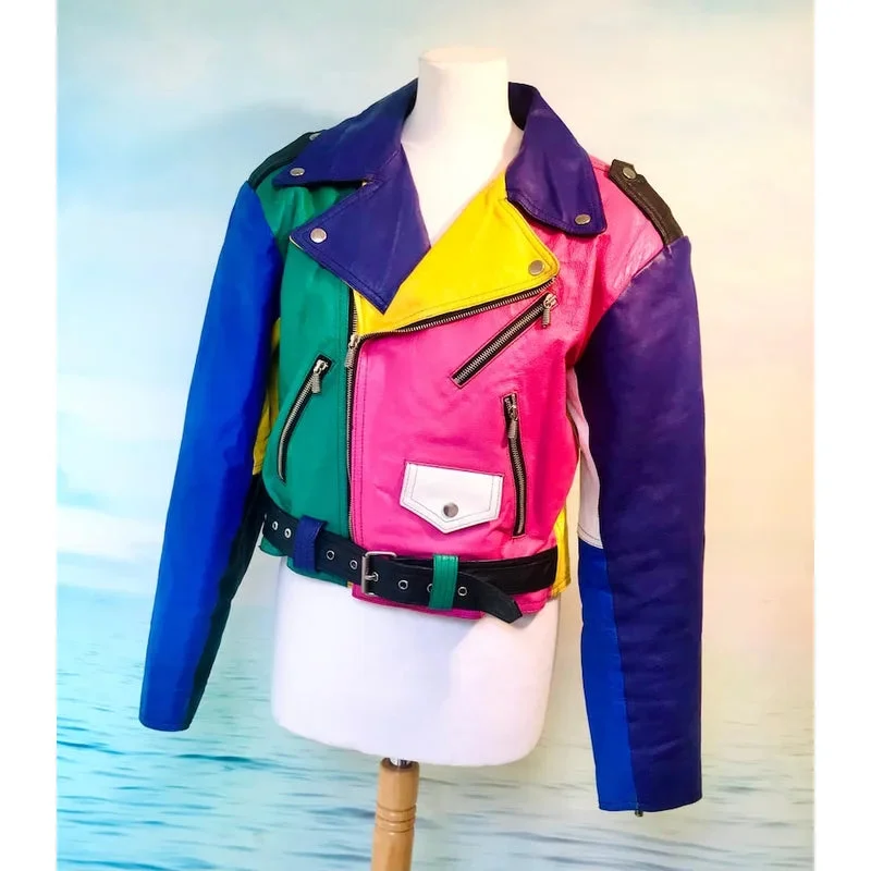 Vintage Colour Block Leather Moto Jacket