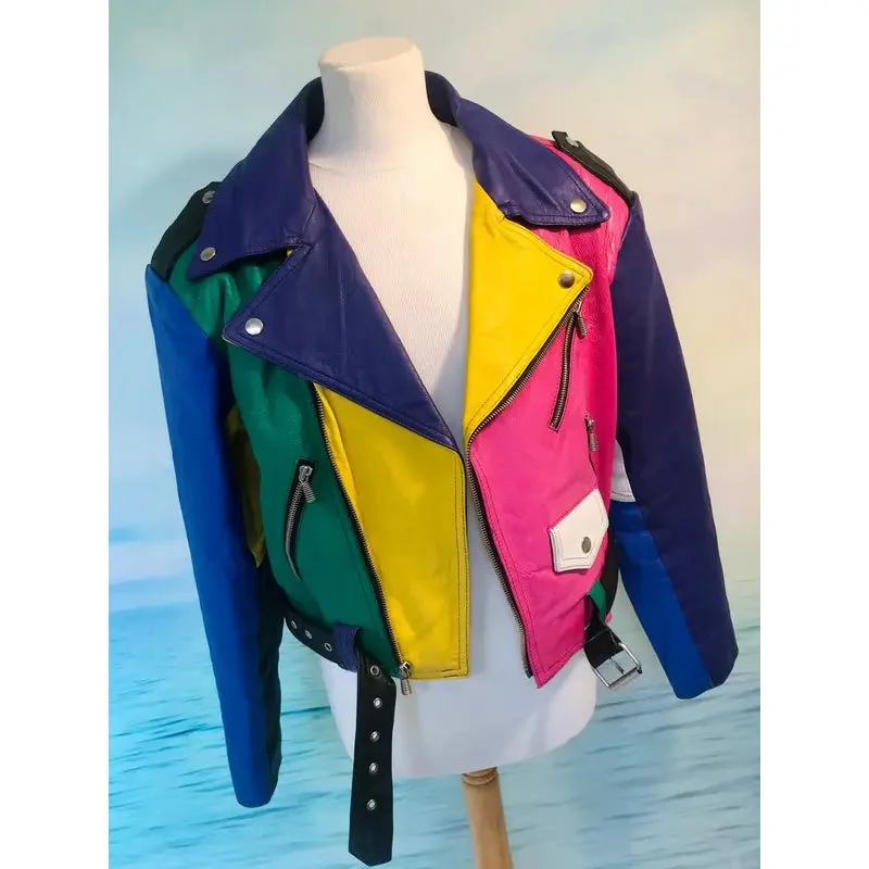 Vintage Colour Block Leather Moto Jacket