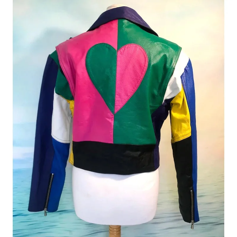 Vintage Colour Block Leather Moto Jacket