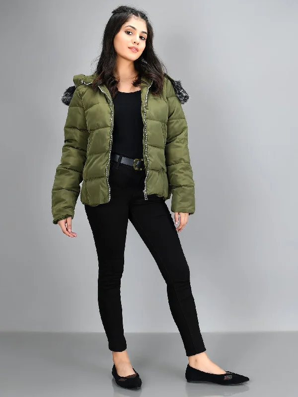 Faux Fur Puffer Jacket - Green