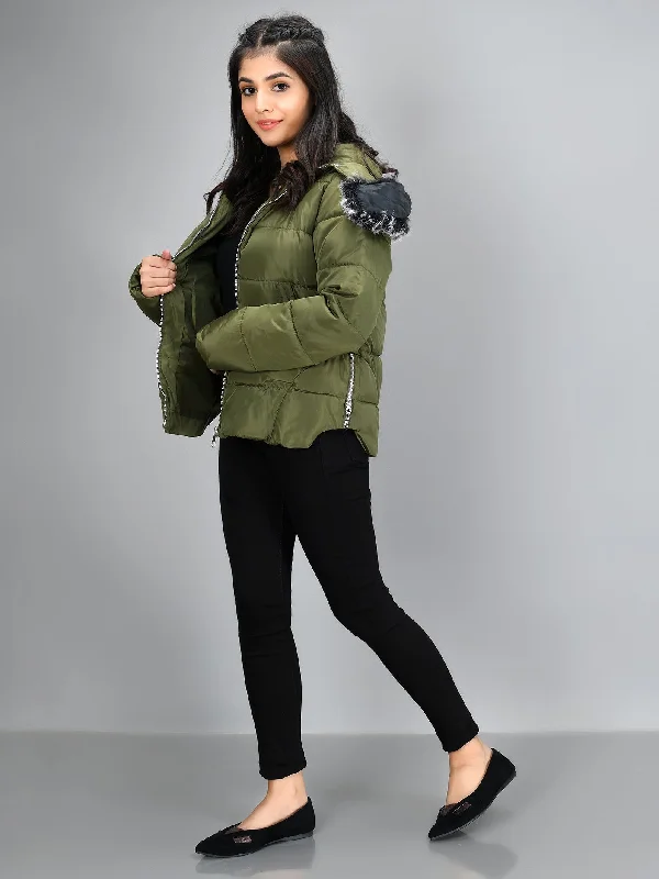 Faux Fur Puffer Jacket - Green