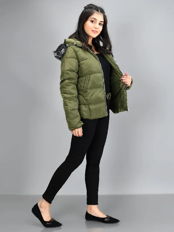 Faux Fur Puffer Jacket - Green