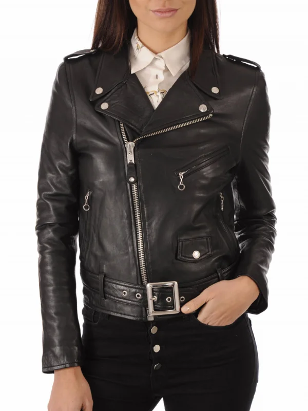 WOMEN BLACK BIKER SLIM FIT CAFE RACER LEATHER JACKET