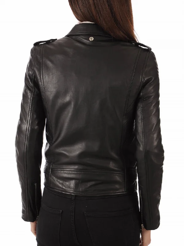 WOMEN BLACK BIKER SLIM FIT CAFE RACER LEATHER JACKET