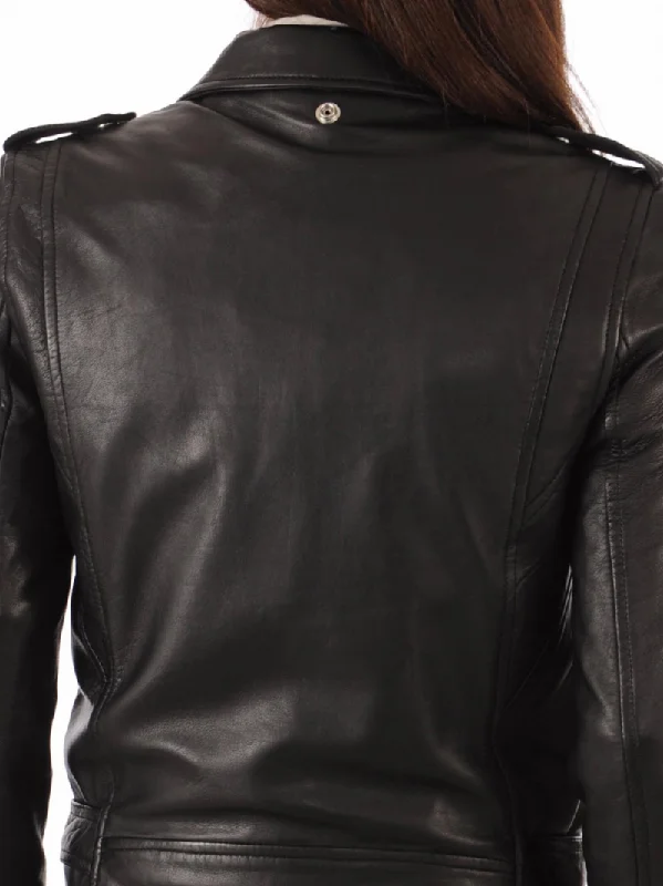 WOMEN BLACK BIKER SLIM FIT CAFE RACER LEATHER JACKET