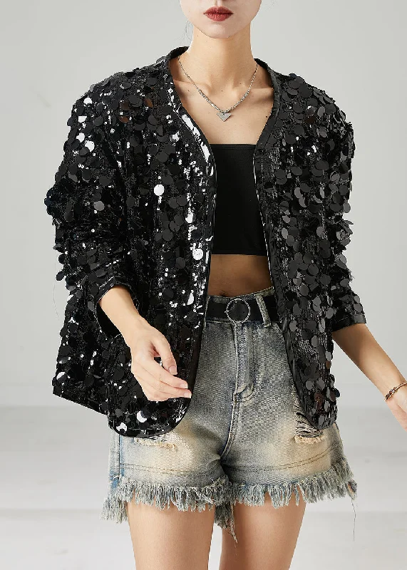 Women Black Sequins Oversized Coat Spring