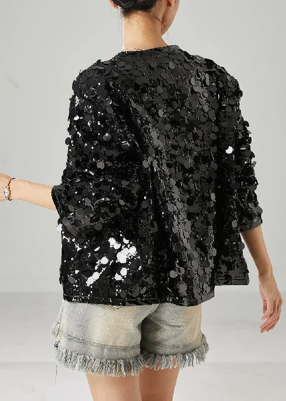 Women Black Sequins Oversized Coat Spring