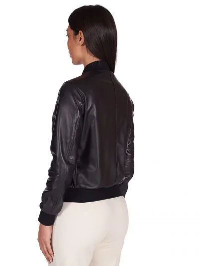 Women Black Slim Fit Bomber Leather Jacket