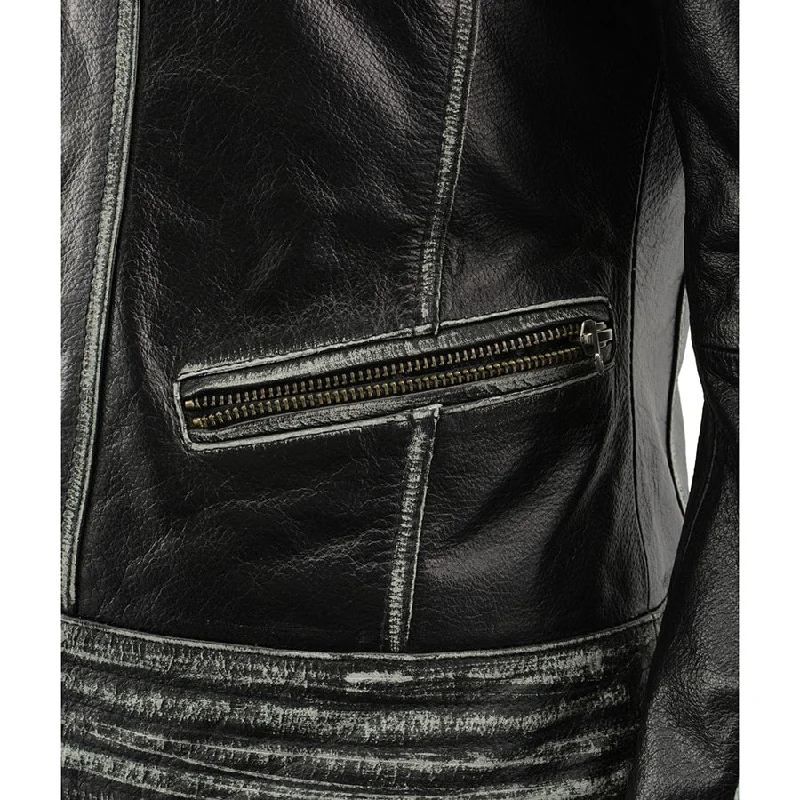 Women Distressed Black Leather Jacket with Lace & Star Accents