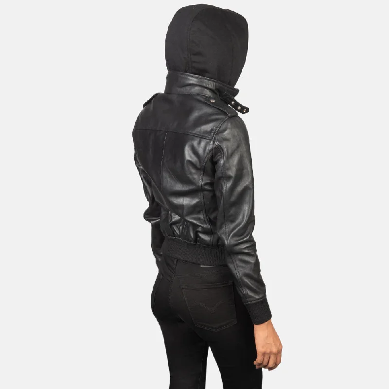 Women Flight  Black Hooded Leather Bomber Jacket