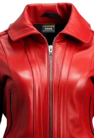 Women Red Bomber Leather Jacket