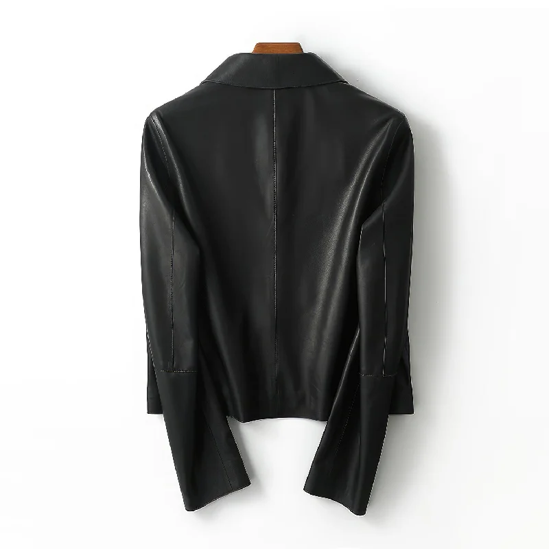 Women’s Black Genuine Sheepskin Shirt Collar Cropped Fashion Classic Style Lightweight Smooth Leather Jacket