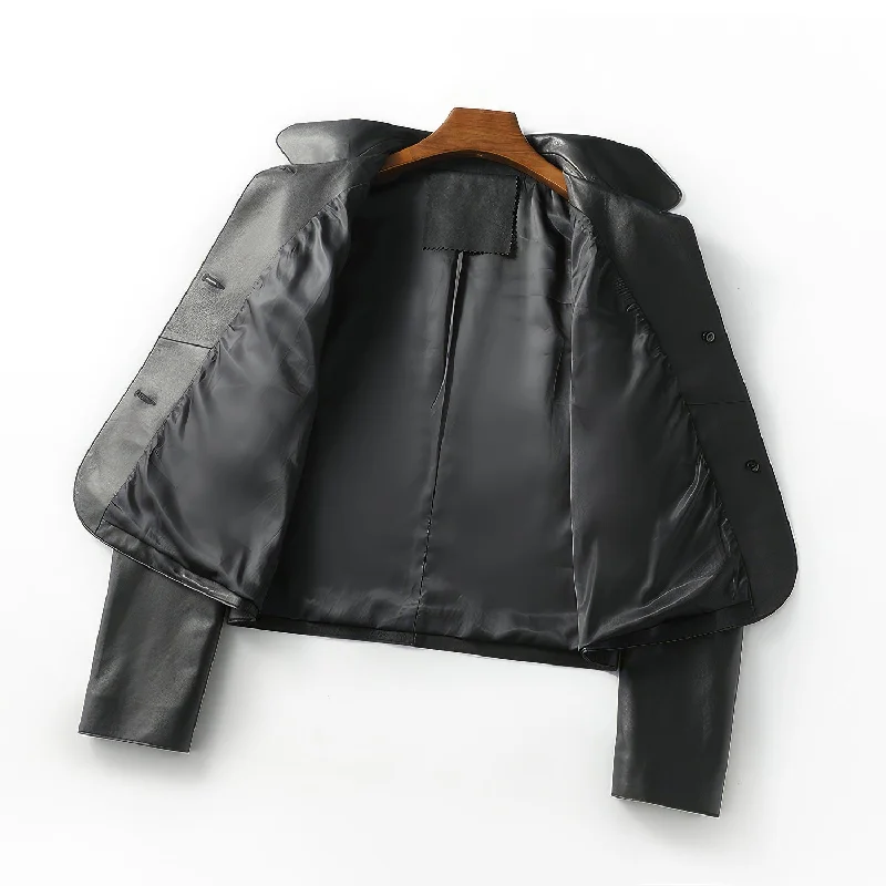 Women’s Black Genuine Sheepskin Shirt Collar Cropped Fashion Classic Style Lightweight Smooth Leather Jacket