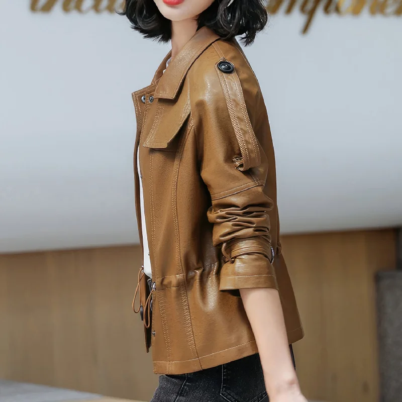 Women’s Brown Genuine Sheepskin Shirt Collar Classic Fashionable Slim Fit Drawstring Streetwear Casual Leather Jacket