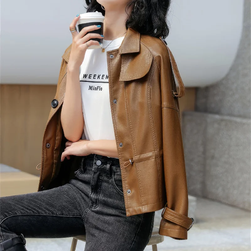 Women’s Brown Genuine Sheepskin Shirt Collar Classic Fashionable Slim Fit Drawstring Streetwear Casual Leather Jacket