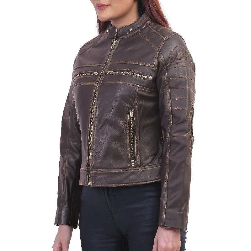 Women Slimfit Brown Cafe Racer Jacket