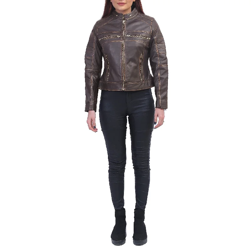 Women Slimfit Brown Cafe Racer Jacket