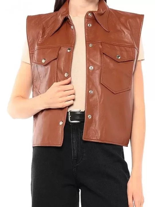 Women stylish Tan Leather Sleeveless Jacket