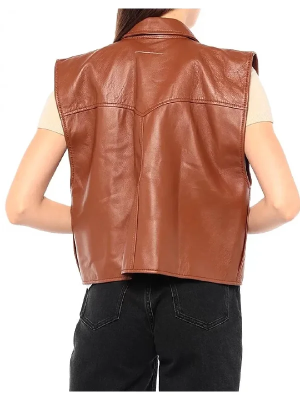 Women stylish Tan Leather Sleeveless Jacket