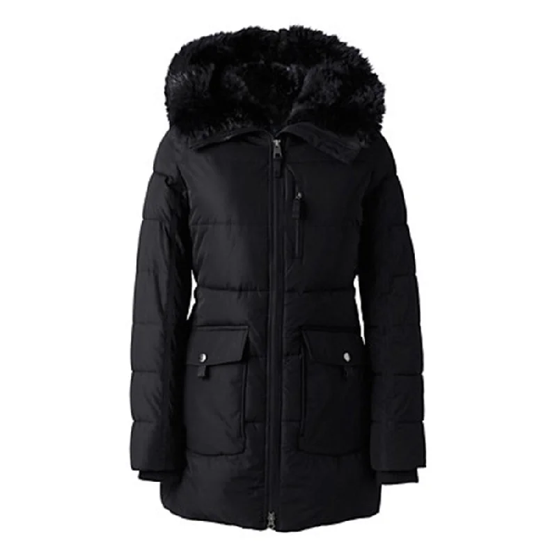 Women's Black Fur Hooded Polyester Parka Coat