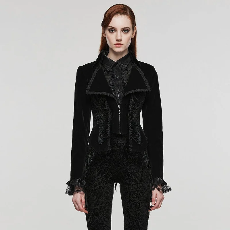 Women's Gothic Turn-down Collar Lace-up Velvet Coat Black