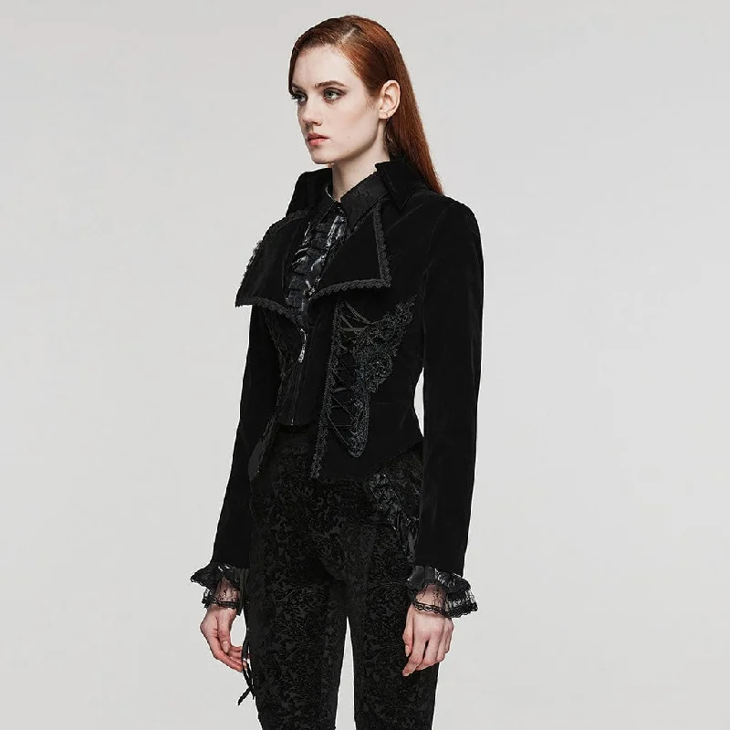 Women's Gothic Turn-down Collar Lace-up Velvet Coat Black