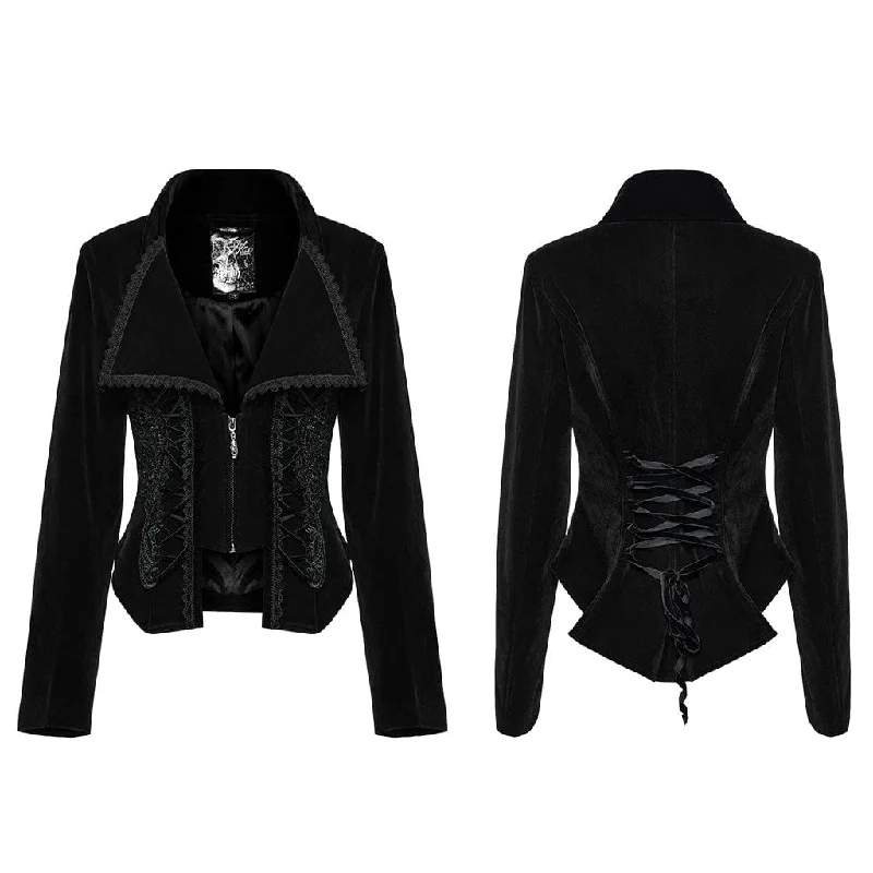 Women's Gothic Turn-down Collar Lace-up Velvet Coat Black