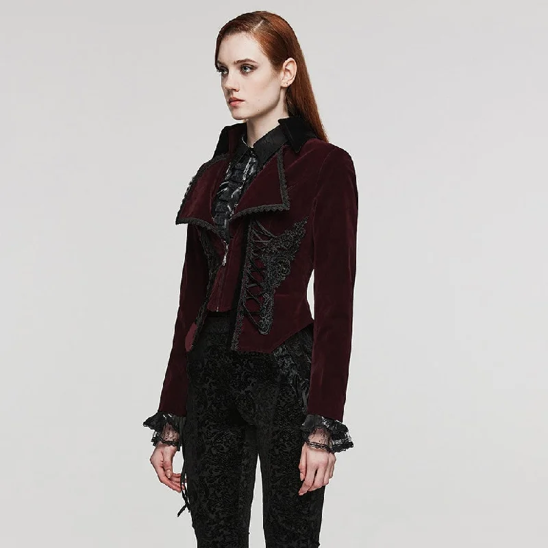 Women's Gothic Turn-down Collar Lace-up Velvet Coat Red