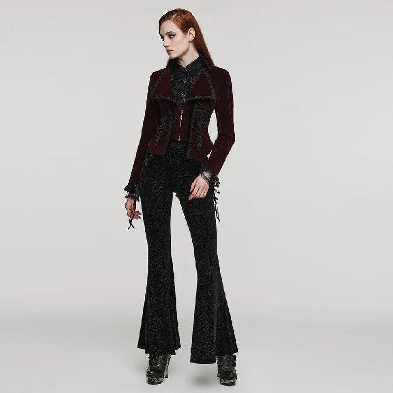 Women's Gothic Turn-down Collar Lace-up Velvet Coat Red