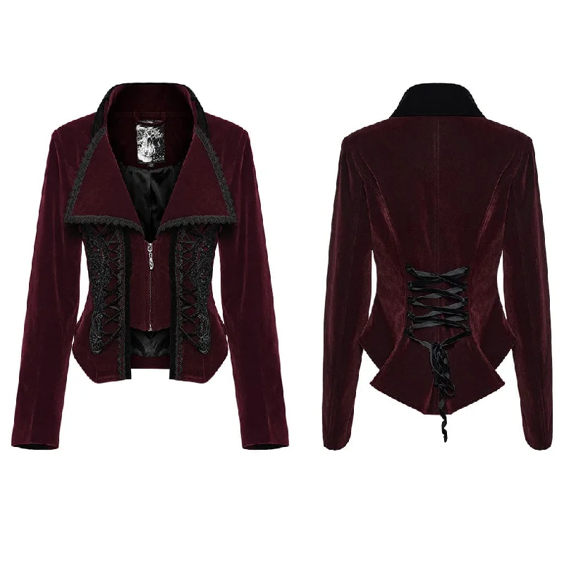 Women's Gothic Turn-down Collar Lace-up Velvet Coat Red