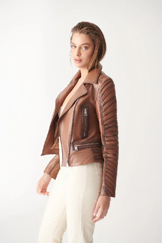 Womens Padded Brown Biker Leather Jacket