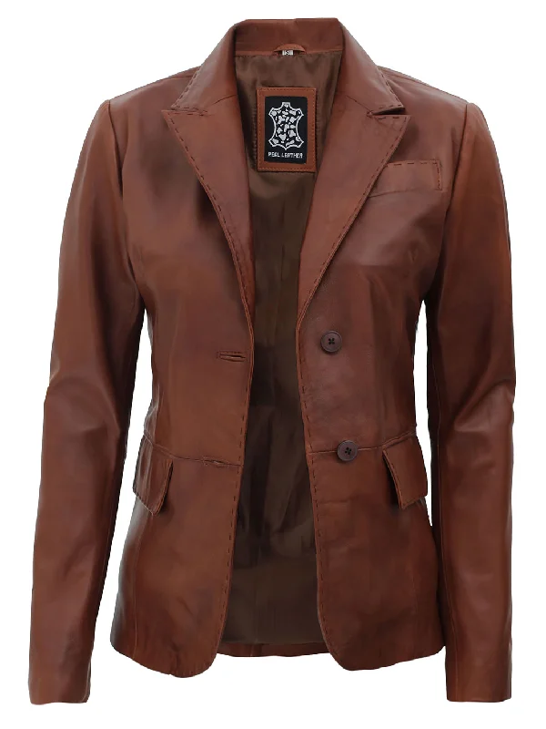 Women's Two Button Tan Brown Leather Blazer