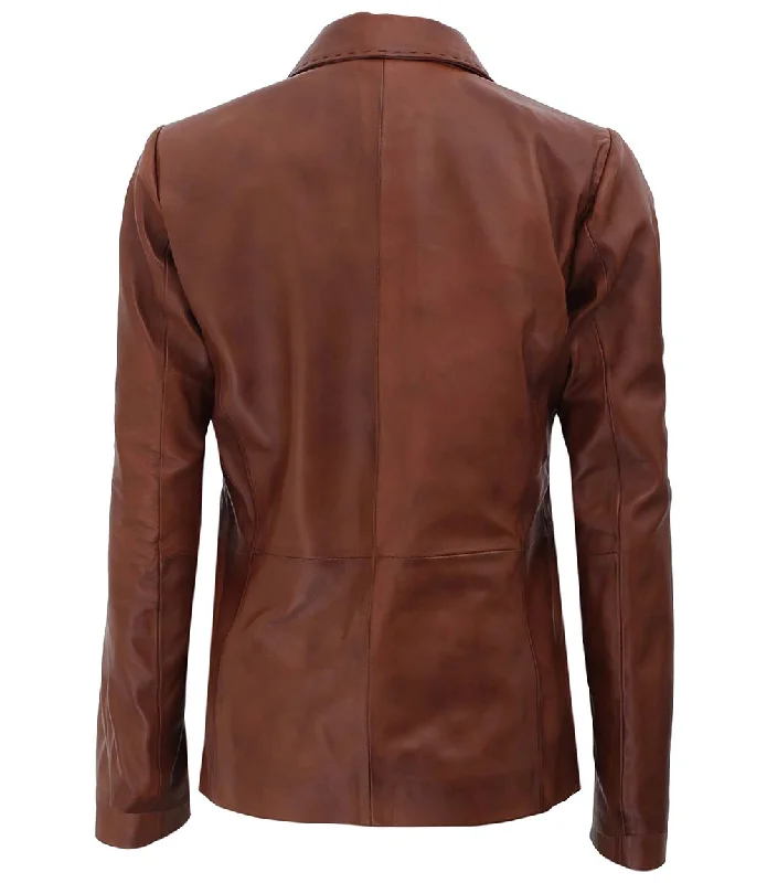 Women's Two Button Tan Brown Leather Blazer