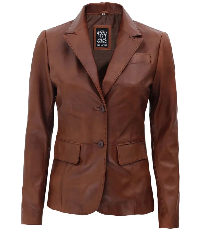 Women's Two Button Tan Brown Leather Blazer