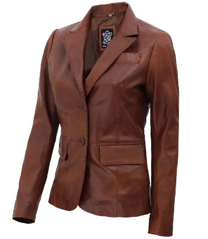 Women's Two Button Tan Brown Leather Blazer