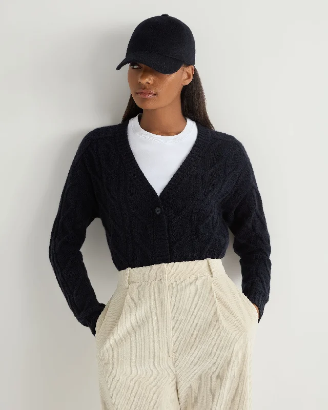 Women's V Neck Cable Cashmere Cardigan Navy Blue