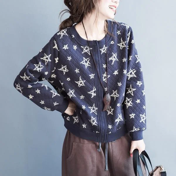 2022 New Cotton Knit Soft Comfortably Star Print O-Neck Single Breasted Sweater