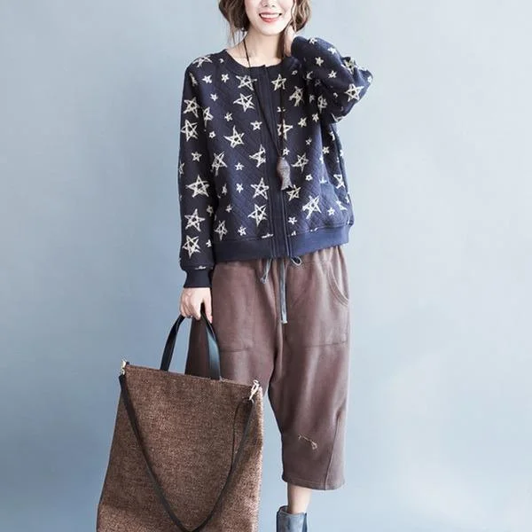 2022 New Cotton Knit Soft Comfortably Star Print O-Neck Single Breasted Sweater