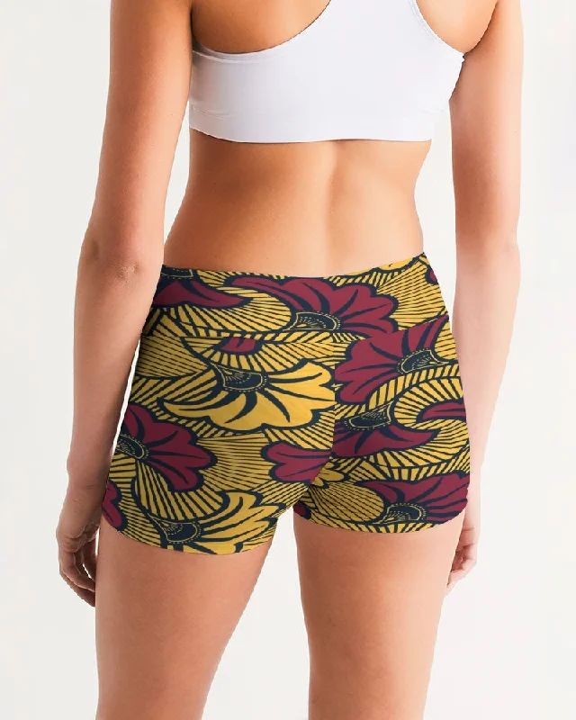 AKH African Fleurs Rouges Women's Mid-Rise Yoga Shorts