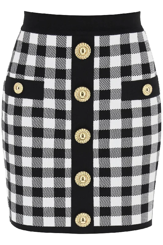 Balmain gingham knit mini skirt with embossed buttons CF1LB292KF51 NOIR BLANC