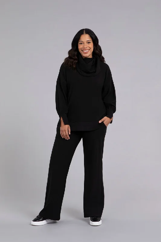 Bamboo Fleece Cowl Neck Pleat Sleeve Top | Black