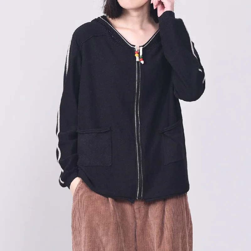 black clothes casual hooded knitted blouse zippered