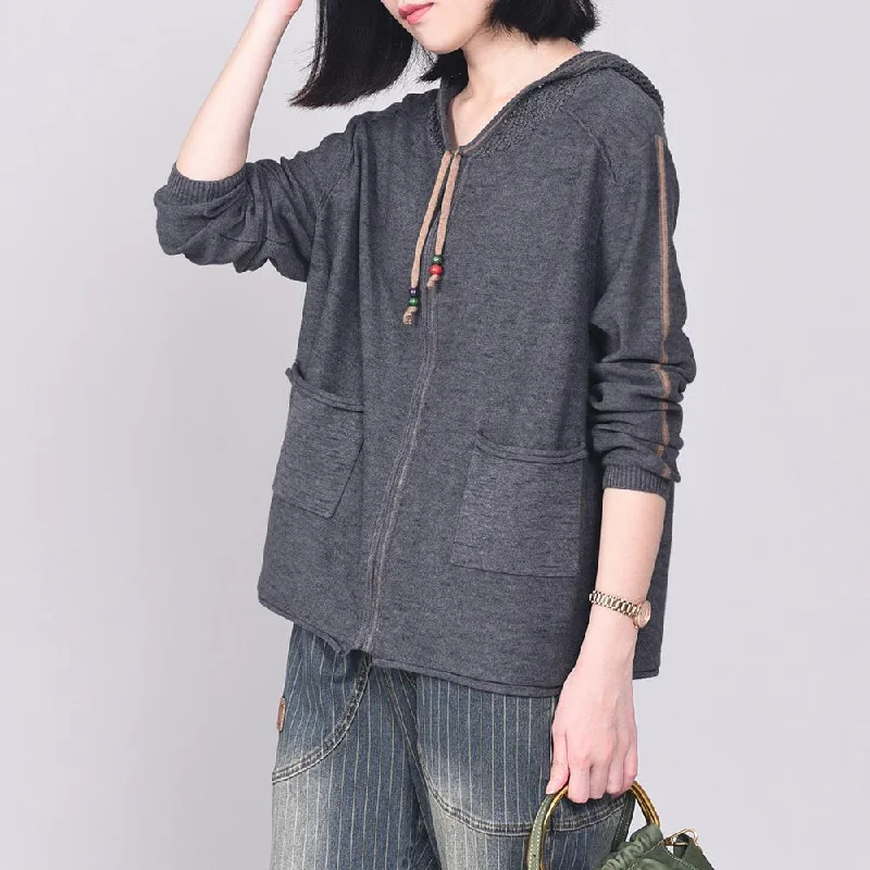 black clothes casual hooded knitted blouse zippered