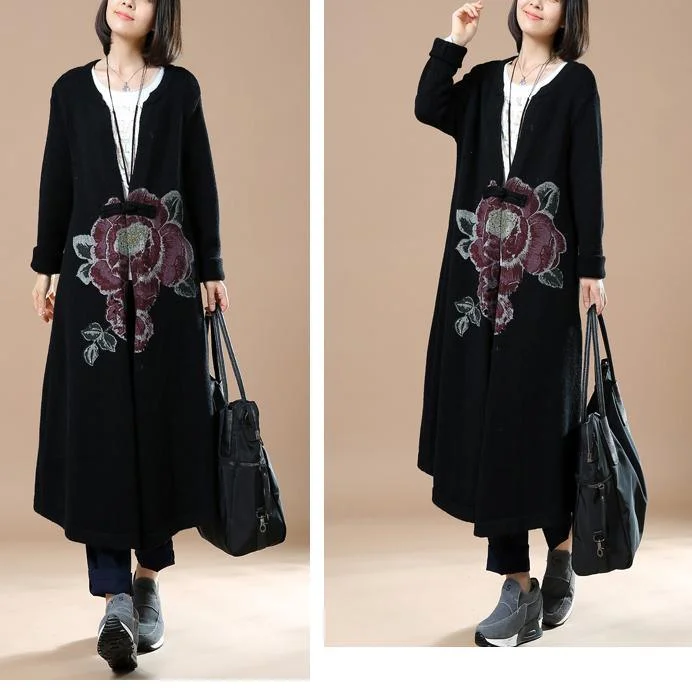 Black floral sweaters long knitted cardigans