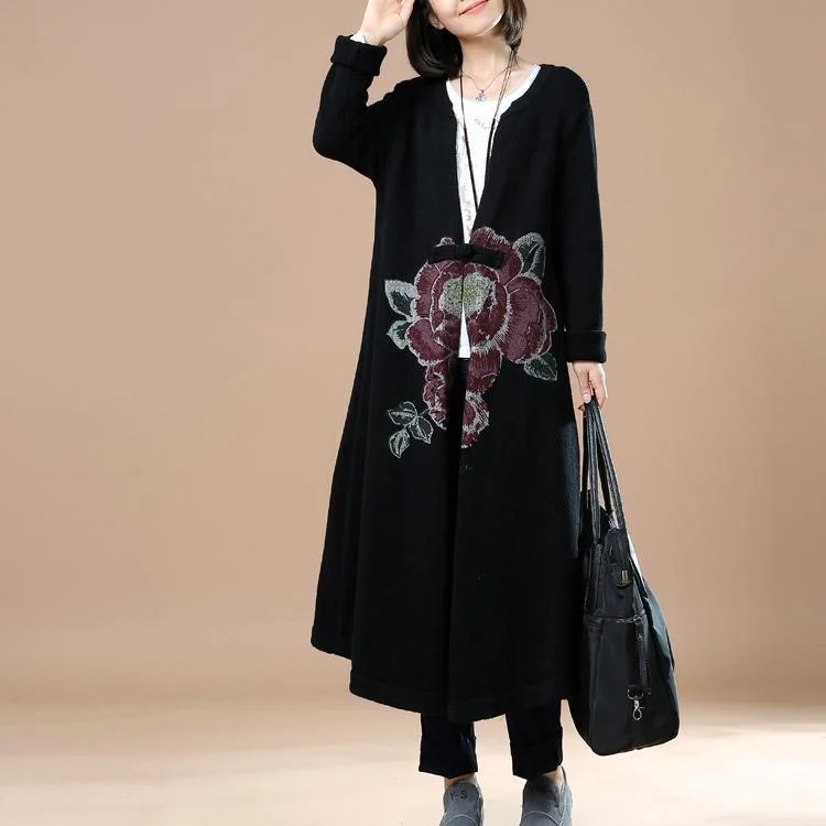 Black floral sweaters long knitted cardigans