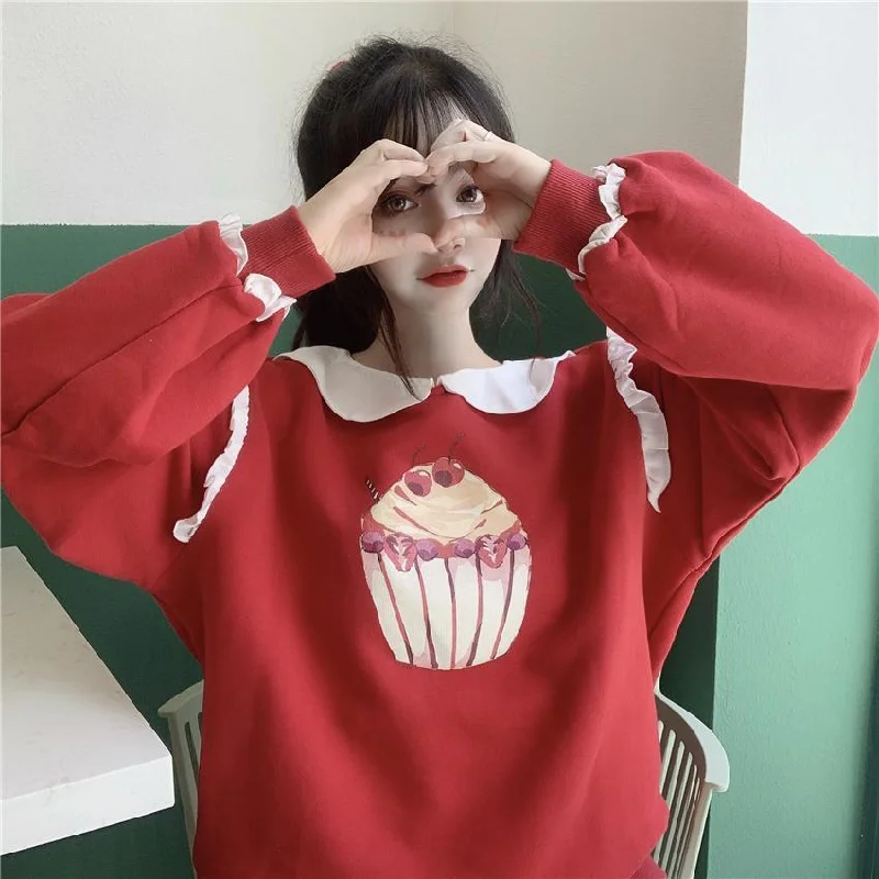 Cake Printed Ruffles Puff Sleeved Sweatshirt