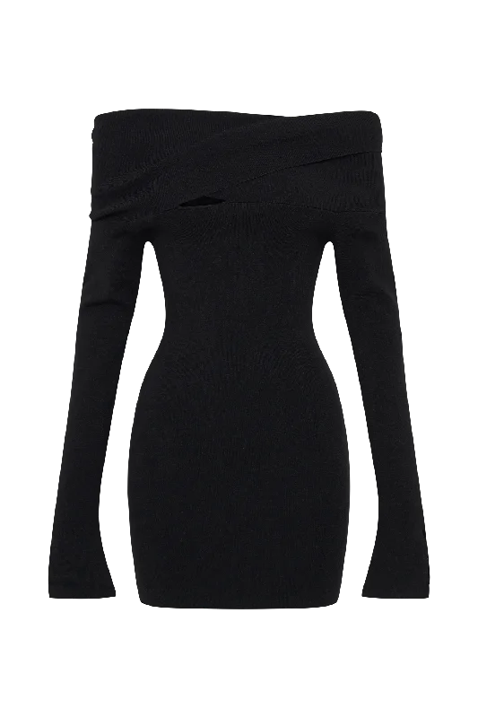 Clover Off Shoulder Knit Mini Dress - Black